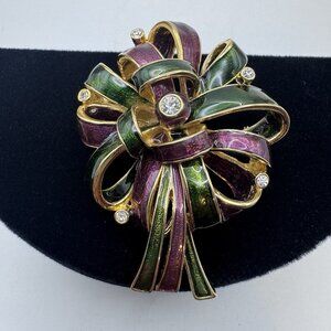 Vintage Retired Joan Rivers Signed Enamel Rhinestone Christmas Bow Pin Brooch
